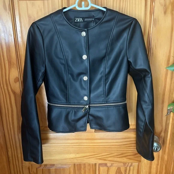 NWT ZARA Black 2 in 1 Faux Leather Snap Jacket Zip Crop Length Sz xs - Picture 9 of 16